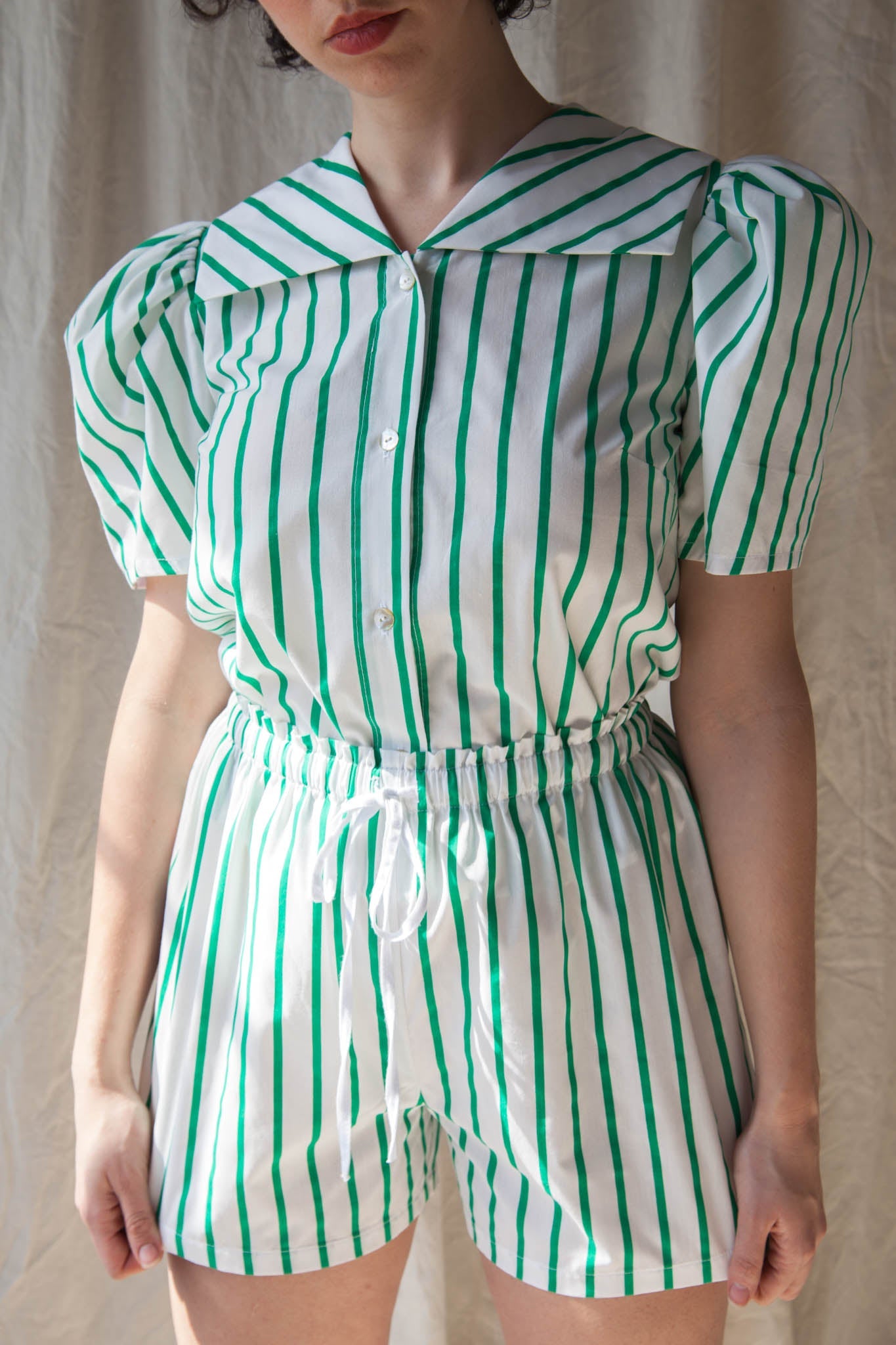 Green Parasol Stripe Set (blouse and shorts) - S